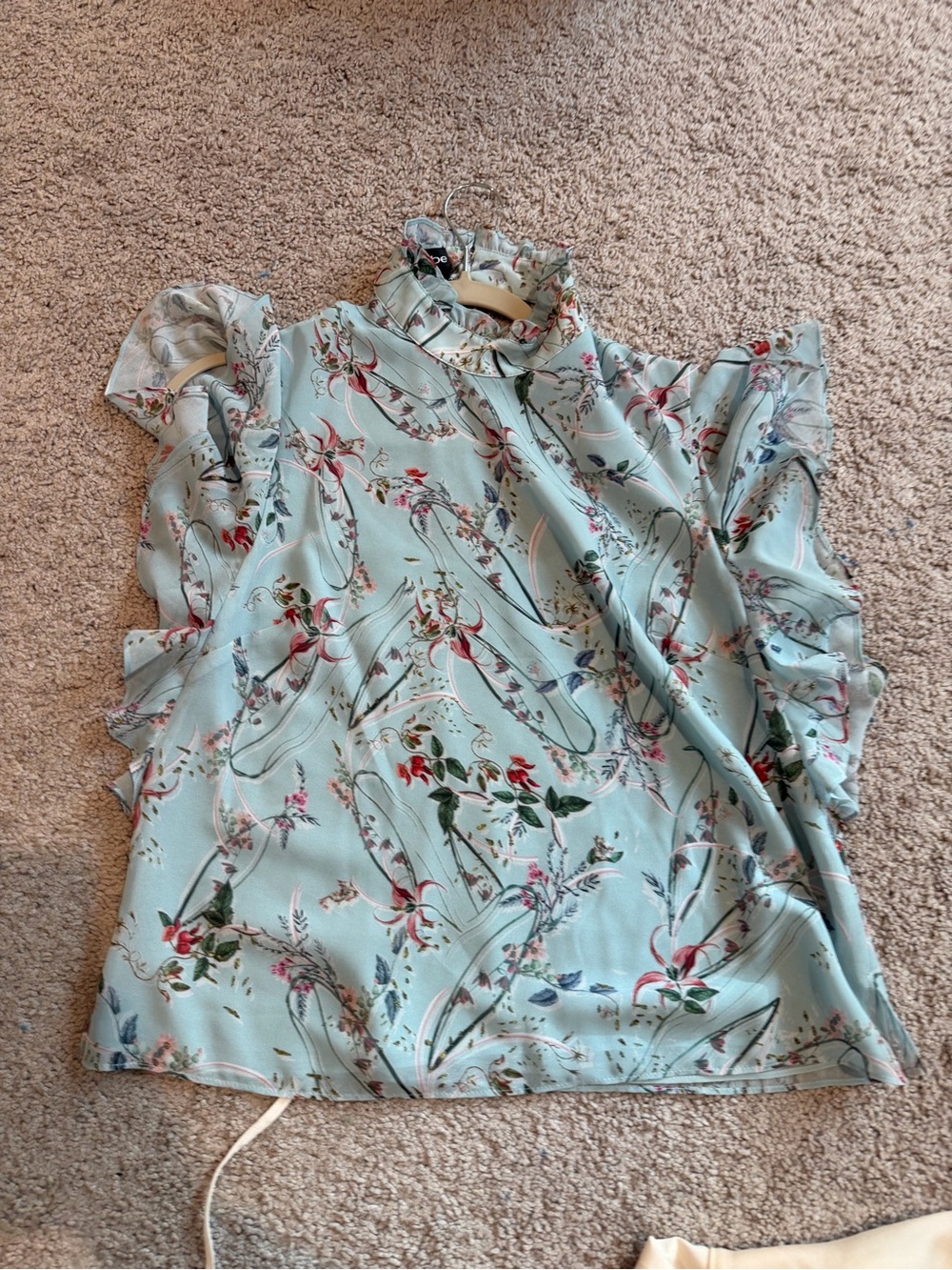 bebe Light Blue Floral Ruffled High-Neck Blouse